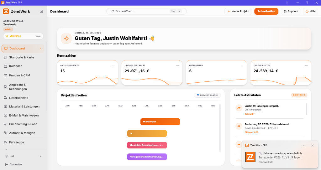 ZendWerk ERP Dashboard Vorschau