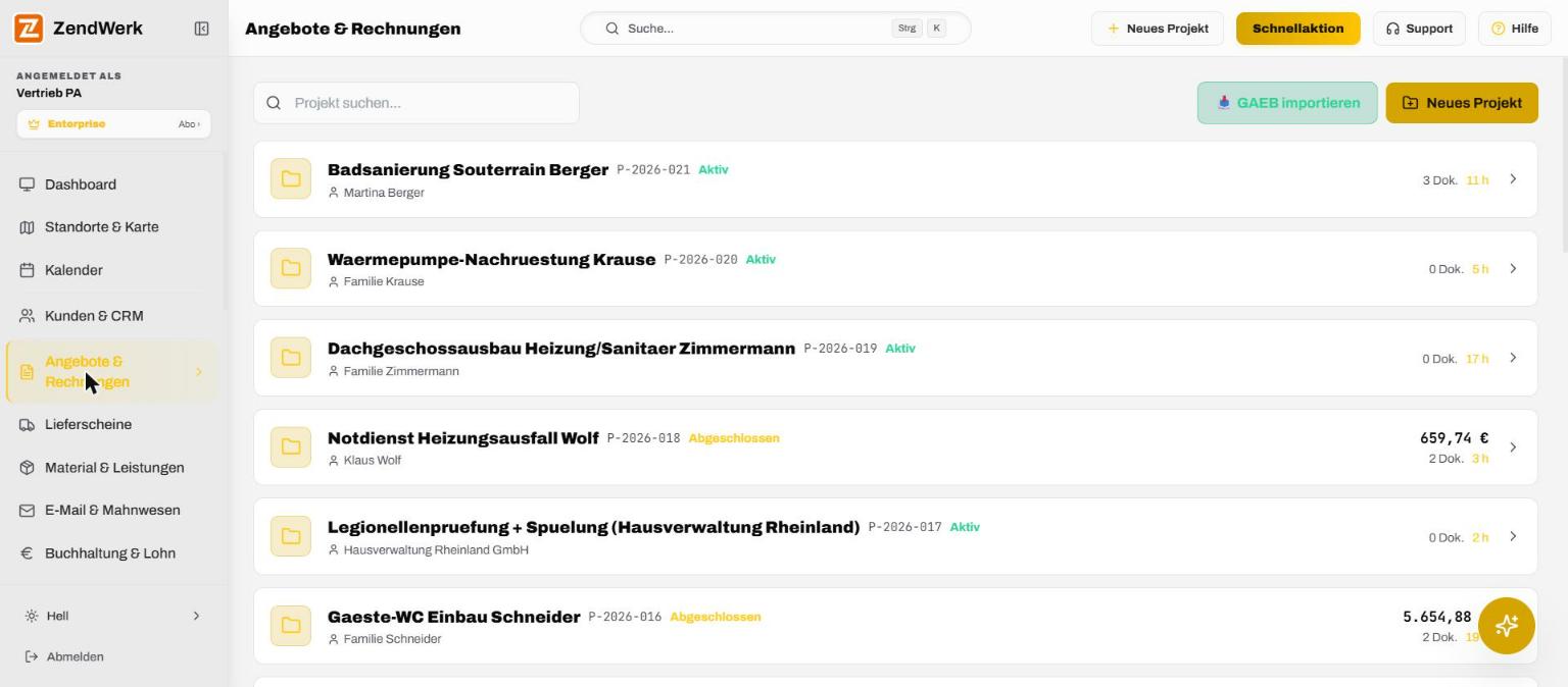 Projektübersicht in ZendWerk